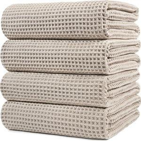 POLYTE 430 GSM Microfiber Oversize Quick Dry Lint Free Bath Towel, 60 x 30 in, 4 Pack (Waffle Weave)