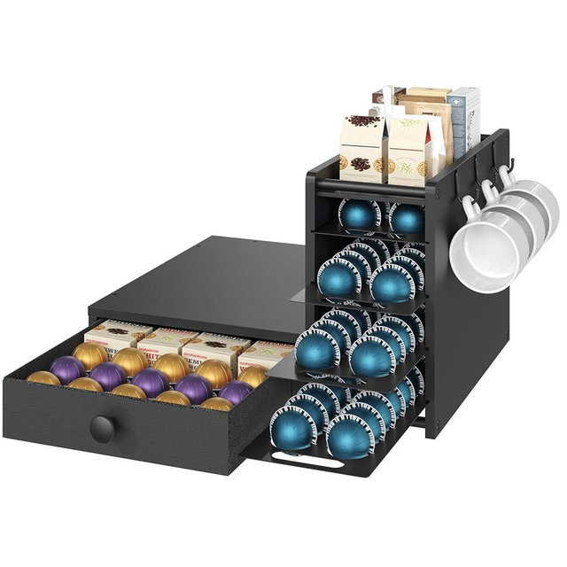 YATINEY Coffee Pod Drawer Holder, 4 Tier Holder for Vertuo, 72 Pods Large Capacity, Coffee Station Organizer with Storage Drawer and 3 Hooks, Black KH02BB