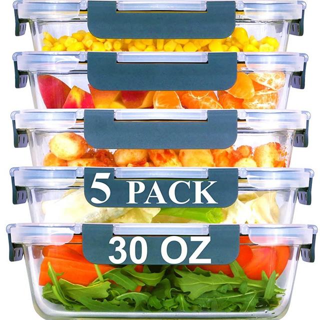 Brieftons Glass Meal Prep Containers: 5 Pack, 30 Oz with Airtight, Leakproof Snap Locking Lids, Perfect for Food Storage, Lunch & Portion Control, BPA-Free, Microwave, Oven, Freezer & Dishwasher Safe