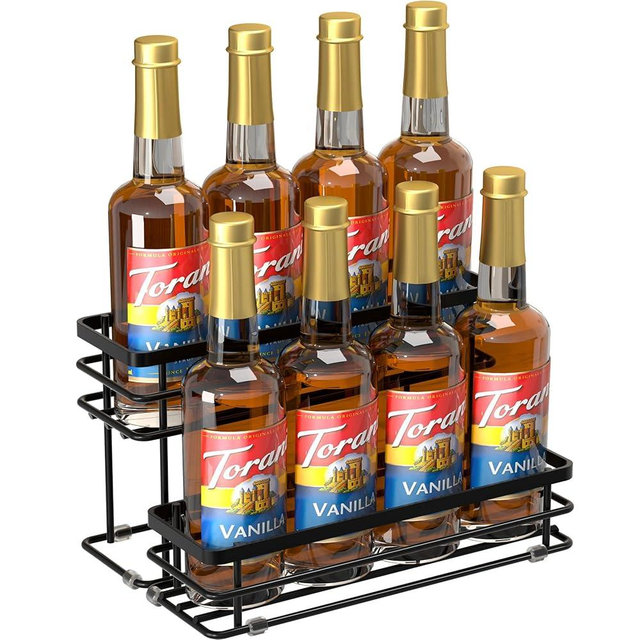 Vantimo 8 Bottle Coffee Syrup Organizer Rack, 2 Tier Coffee Syrup Stand Holder for Coffee Bar, Coffee Syrup Organizer for Countertop, Small Wine Rack for Family, Storage for Syrup, Dressing, Black