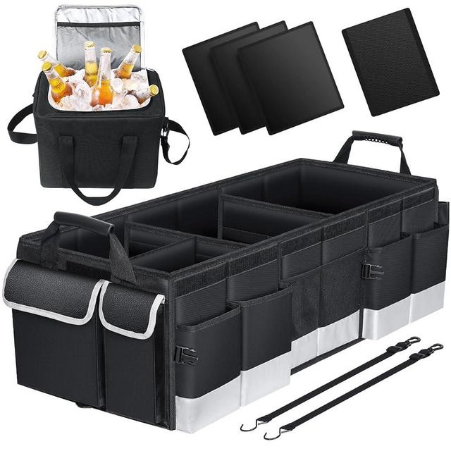 Oasser Trunk Organizer with Cooler Bag, Large Collapsible Car Trunk Organizer for SUV with Multi Compartments, Car Storage Organizer Grocery with Lid for Sedan Black&Grey