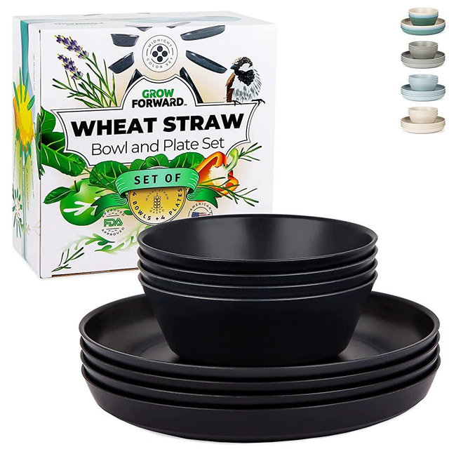 Grow Forward Premium Wheat Straw Dinnerware Sets - 8 Piece Unbreakable Microwave Safe Dishes - Reusable Wheat Straw Plates and Bowls Sets - Wheat Straw Bowls for Cereal, Soup, Camping, RV - Midnight