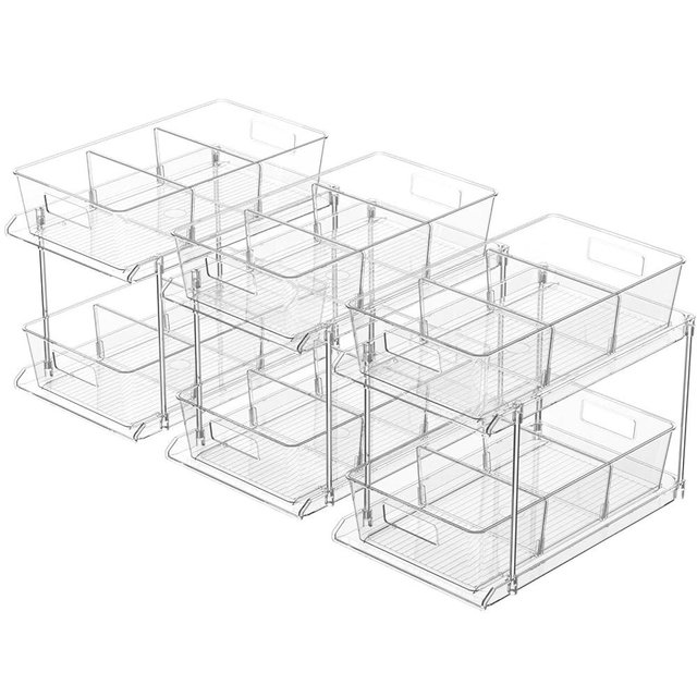 FabSpace Pull-out Home Organizer, 3 Pack 2 Tier Clear Bathroom Organizer with Dividers, Multipurpose Vanity Counter Tray, Kitchen, Closet Organizers, Cabinet & Storage Container Bins