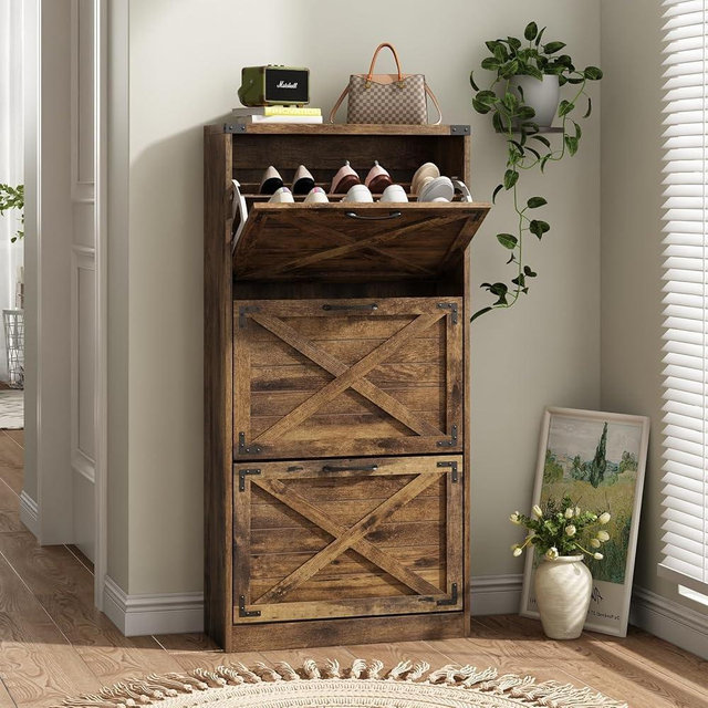 Maupvit 24" W Farmhouse Shoe Cabinet Storage for Entryway, Freestanding Organizer with 3 Flip Drawers, Narrow Shoe Rack Cabinet with Metal Corner Decoration, Rustic Brown