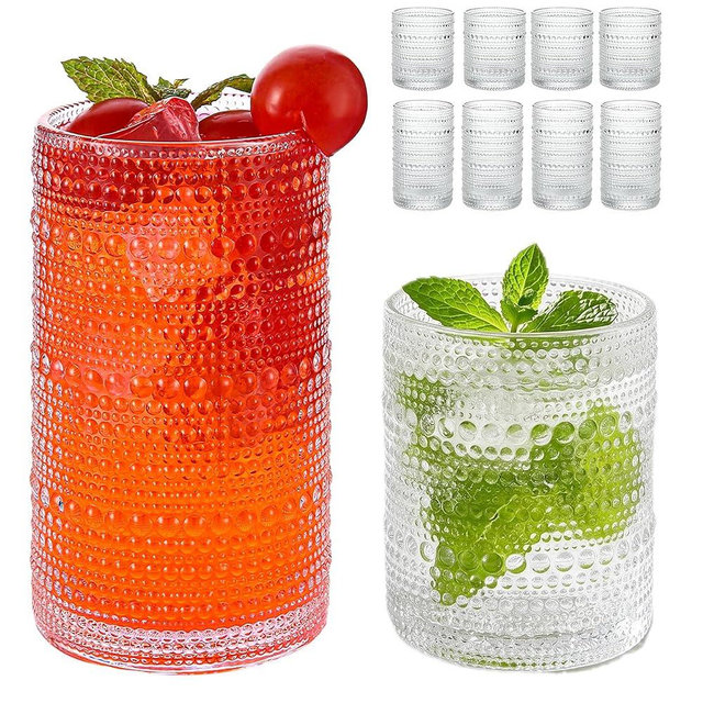 HEFBCOMK Vintage Hobnail Drinking Glasses Set of 8, Clear 16 oz Highball Glasses & 12 oz Cocktail Glasses Set, Kitchen Drinkware Glassware,Embossed Water Tumbler for Beer, Juice, Whiskey, Milk