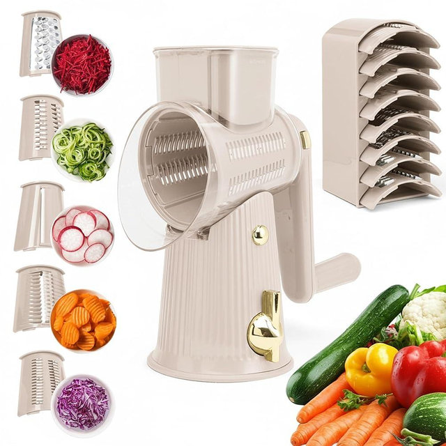Artesan Rotary Cheese Grater with 5-Blades, Versatile Slicer for Fruits, Vegetables, Cheese - Multifunctional Chopper, Slicer, Grater, Julienne, Dishwasher Safe & Stable, Easy & Safe Meal Prep, Taupe