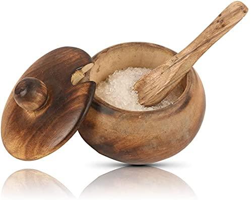 Decorative Rustic Wooden Sugar Bowl & Spoon With Lid Wide Mouth Candy Treat Jar Spice Jar Holder Condiment Nuts Serving Bowl Pot Sugar Spice Herb Loose Leaf Storage Container Novelty Home & Kitchen