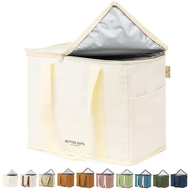 Reusable Insulated Grocery Bag - Leak Proof, Large Insulated Cooler Bag - Insulated Shopping Bags for Groceries - Travel Cooler Bag for Frozen and Hot Food with Zippered Top - Beach, Picnic (Cream)