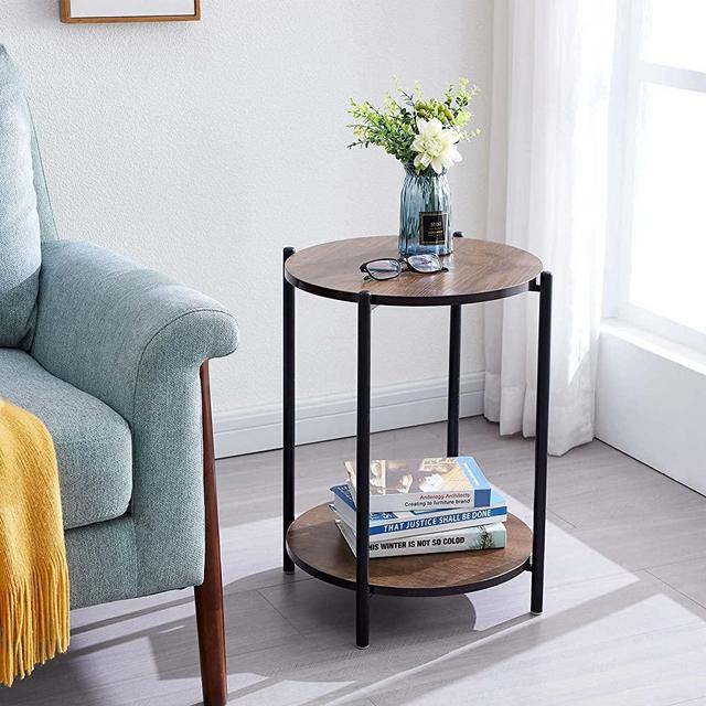 Urraca Round Walnut Tabletop Side Table for Living Room or Bedroom, Modern Small End Table, Black Metal Frame Nightstand with Storage Shelf, 16” Dx22” H