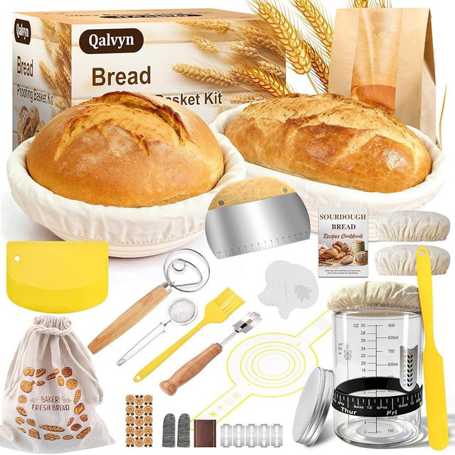 Sourdough Starter Kit,Sourdough Bread Baking Supplies, 9" Round and 10" Oval Banneton Bread Proofing Basket Set with Sourdough Starter Jar, Sourdough Bread Making Tools Kit Gifts for Women Wife Mom