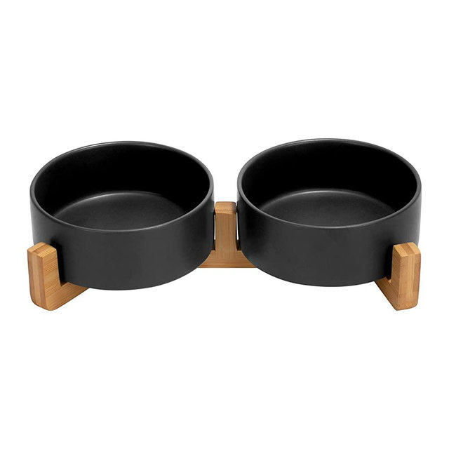 Ceramic Dog and Cat Bowl Set with Wooden Stand, Modern Cute Weighted Food Water Set for Small Size Dogs (13.5OZ ) & Medium Sized Dogs (28.7OZ) & Cats