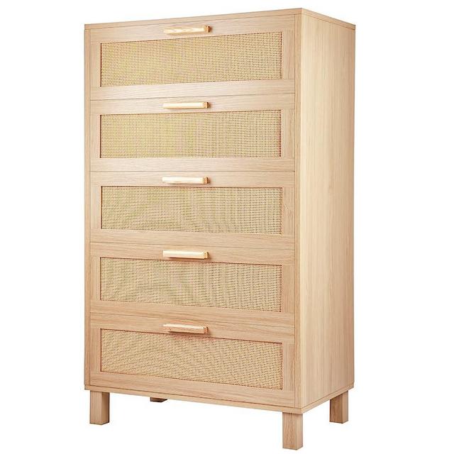 Graficial 5 Drawer Dresser, Chest of Drawers, Hamilton Rattan Tall Bedside Storage Table, Oak Dresser for Bedroom,Living Room