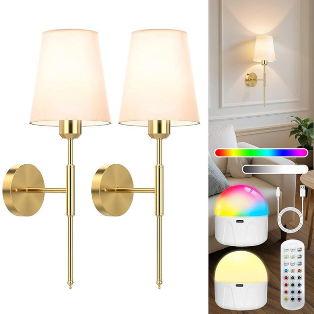 ECOHOM 20 inch Battery Operated Wall Sconces Set of 2, Wireless Wall Lights with Rechargeable Bulbs & Remote, 15 Colors & Dimmable, Battery Powered Wall Lights for Bedroom, Living Room, Hallway, Gold