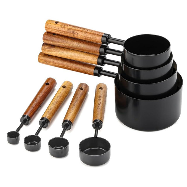 YAMOLIN Measuring Cups and Spoons Set Stainless Steel Measuring Cups and Spoons with Wood Handle for Dry and Liquid Ingredient