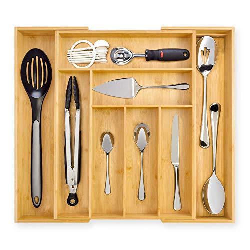 Dynamic Gear Bamboo Expandable Drawer Organizer, Premium Cutlery and Utensil Tray, Perfect for The Kitchen, Bathroom, Desk, etc. Adjustable Kitchen Drawer Divider (6 Compartments Expandable)