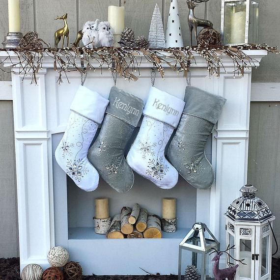 Personalized Christmas Stockings - Silver White Velvet 20" with ICE crystal gems Christmas Stocking Embroidered with Names Velvet Stockings