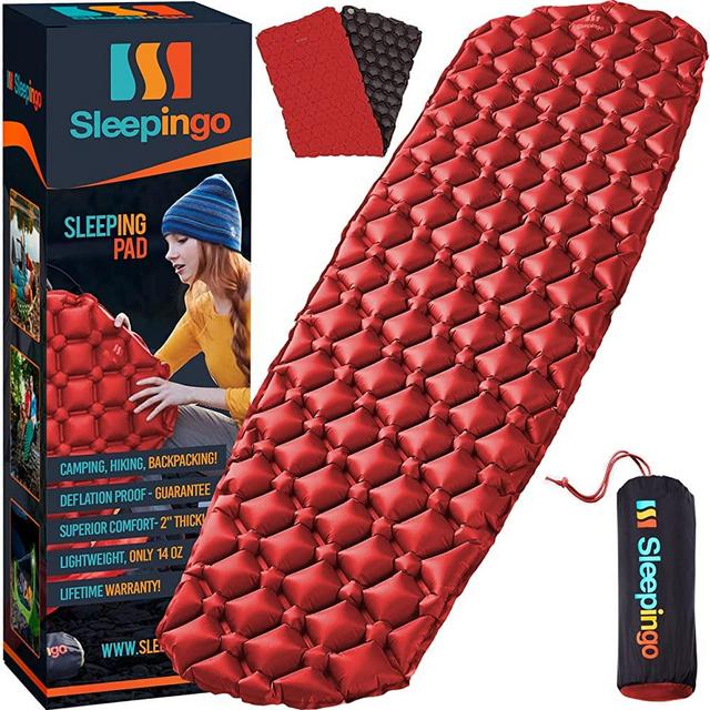 Sleepingo Sleeping Pad for Camping - Ultralight Sleeping Mat for Camping, Backpacking, Hiking - Lightweight, Inflatable & Compact Camping Air Mattress (Red with Black Back)