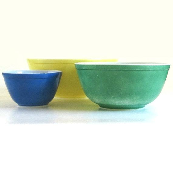 Vintage Primary Color Pyrex Mixing Bowl Large Yellow, Med. Lg Green, Small Blue from Primary Mixing Bowl Set, Pyrex Mixing Bowls (as-is)