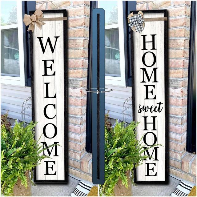 Outdoor Welcome Sign for Front Porch Standing Large 2 Sided 45"X9" Wooden Frame Tall Vertical Leaner Long Home Sweet Home Front Door Sign for Rustic Outside Farmhouse Modern Decor (Black)