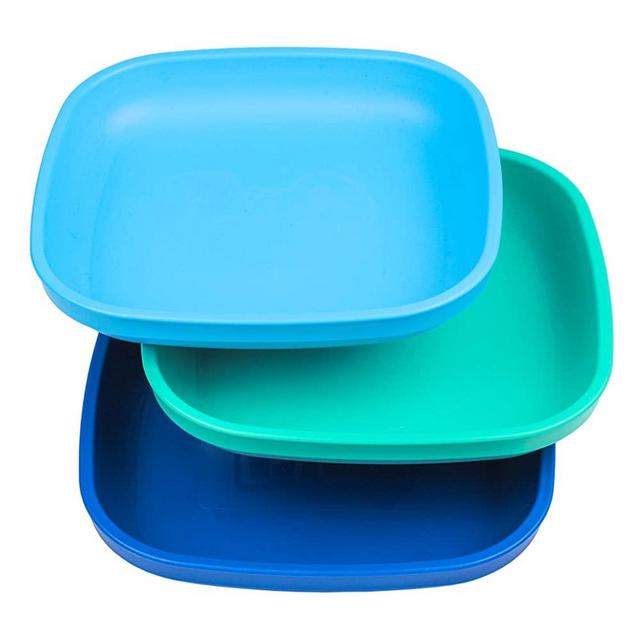 Re-Play Made in USA 3pk - 7.37" Plates with Deep Sides for Easy Baby, Toddler, Child Feeding - Sky Blue, Aqua, Navy Blue (True Blue Collection) Eco Friendly Heavyweight Recycled Polypropylene