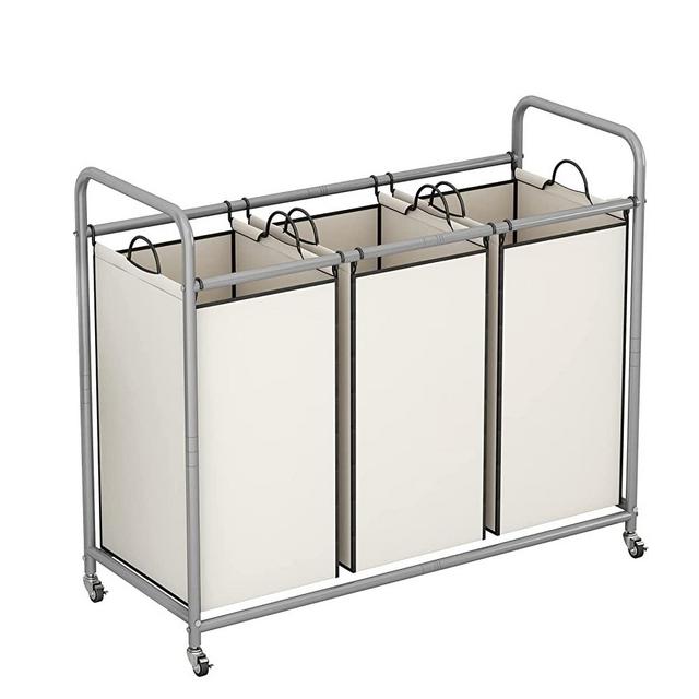 LINZINAR 3-Bag Laundry Sorter,Laundry Hamper Cart with Heavy Duty Rolling Lockable Wheels and Removable Bags (Beige)