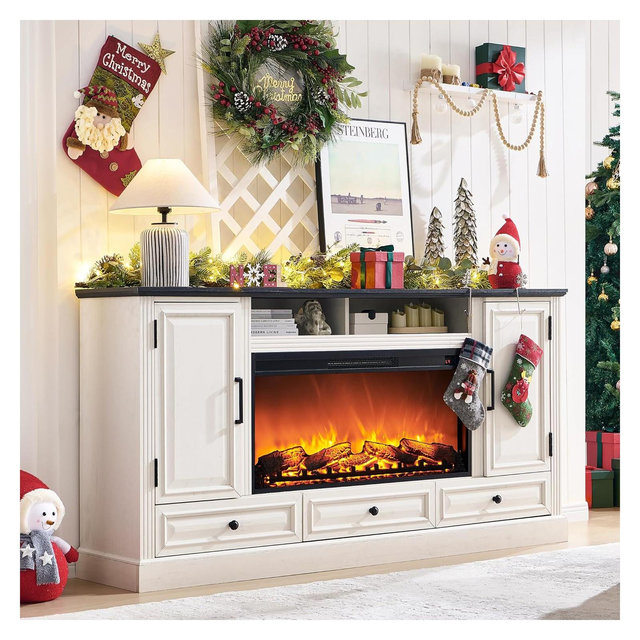Farmhouse Fireplace TV Stand for 80 Inch TV, 35.7in Tall Entertainment Center with 36in Electric Fireplace & Cabinets & Drawers, Antique White