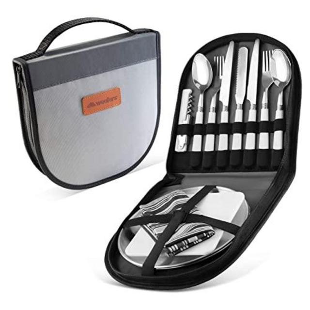 Camping Silverware Kit Cutlery Organizer Utensil Picnic Set - 12 Piece Mess Kit for 2 - Stainless Steel Plate Spoon Butter and Serrated Knife Wine Opener Fork Napkin Hiking - Camp Kitchen BBQ’s