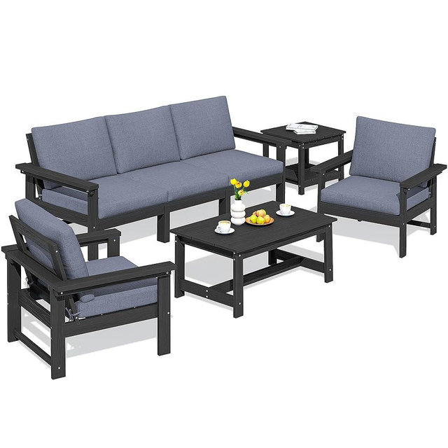 SERWALL HDPE Patio Furniture Set, 7-Piece Outdoor Sectional Sofa Set, All Weather Outdoor Couch Set for Deck, Lawn, Black Frame with Grey Cushion
