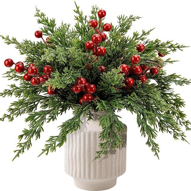 Watayo 60 Pcs Christmas Artificial Pine Branches with Red Berry Stems- 10.5" Faux Evergreen Norfolk Pine Cypress Leaves Stems- Fake Foliage Pine Needles Picks for DIY Craft Garland Home Decor