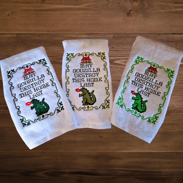 May Godzilla Destroy this Home Last embroidered kitchen towel 100% cotton