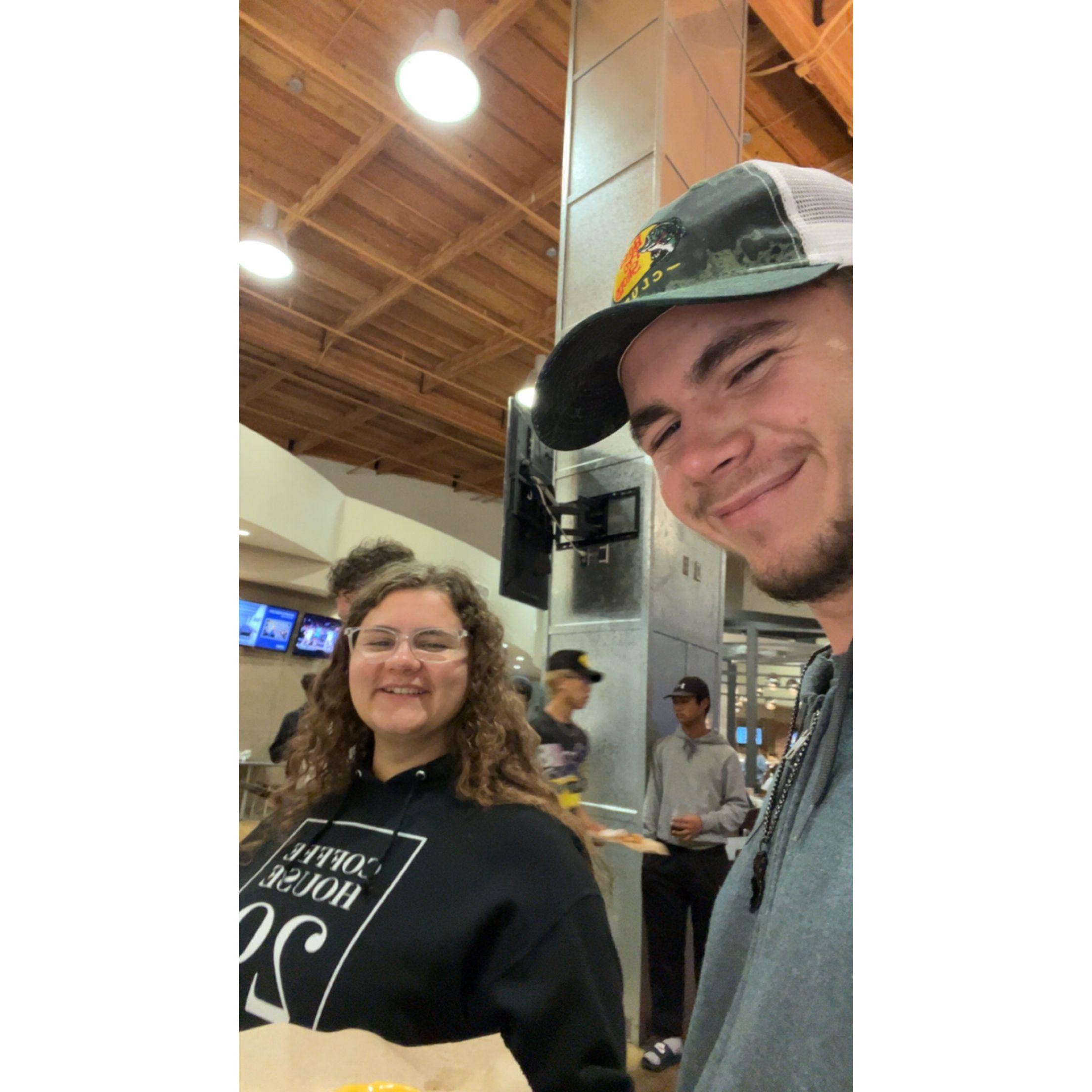 We frequently get dinners together at my school cafeteria.