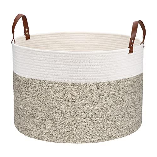 Hombins Blanket Basket Laundry Hamper Large Cotton Rope Basket | Decorative Storage Basket Woven Toy Bin Collapsible Laundry Holder for Towel, Clothes, white&brown, 20"*20"*13"