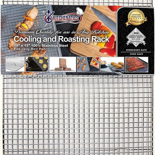 Kitchenatics Commercial Grade Stainless Steel Cooling and Roasting Rack Heavy Duty Thick-Wire Grid Fits Jelly Roll Pan Oven-Safe Rust-Resistant for Cooking, Roasting, Grilling, Drying (10” x 15”)