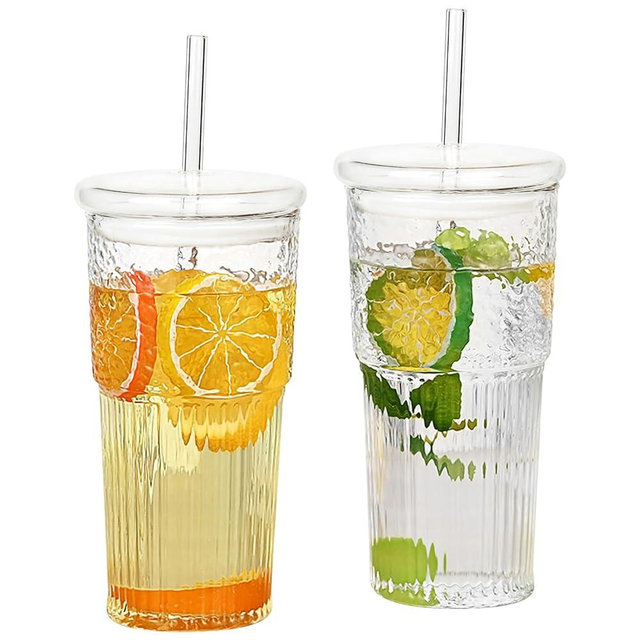 GOSCHE Glass Cups with Straws and Lids 2Pcs, 20oz Glass Cups Drinking Jar, Clear Iced Coffee Cups, Vintage Ripple Glassware for Water Coffee Tea, Clear