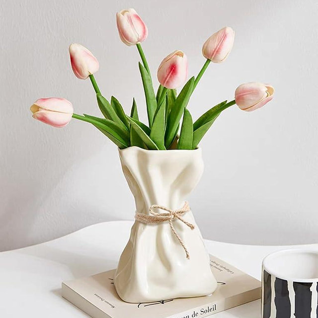 FOWSEEK 6IN Cream Ceramic Vase, Irregular Flower Vase Modern Art Decorative Vase for Flowers, Unique Paper Bag Vase for Home Office Centerpieces Entryway Bookshelf Living Room Table Decor