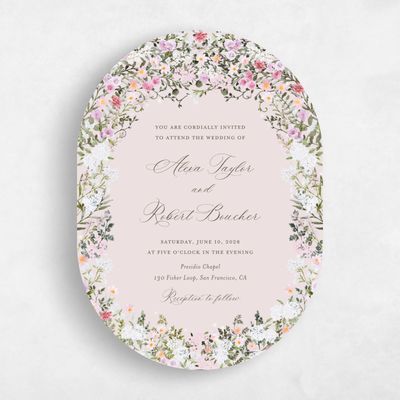 Pink Oval Wedding Invitation - Garden Gate Portrait