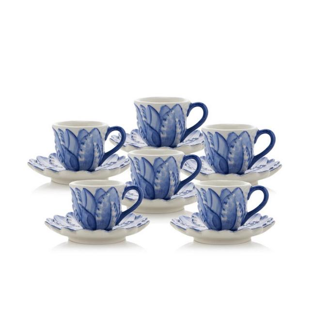 Set-of-Six Hand-Painted Lily of The Valley Ceramic Espresso Cup and Saucer