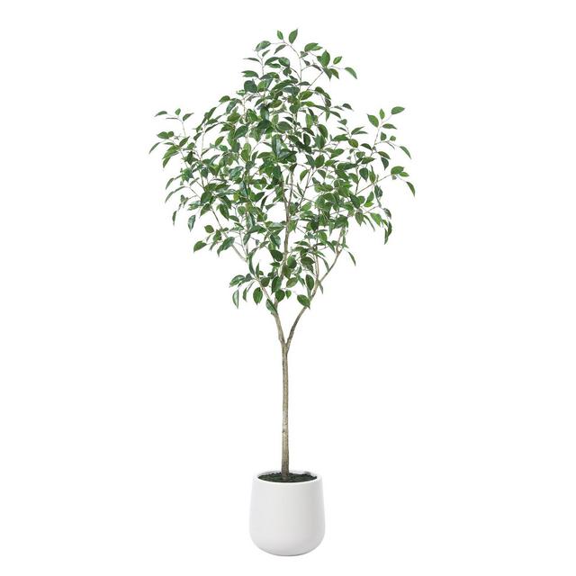 DR.Planzen 6FT Faux Ficus Tree with Oval White Planter, Pre Potted Faux Greenry Tree for Home Decor