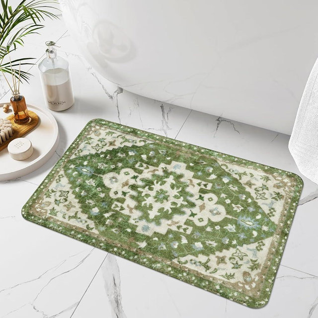 Uphome Boho Vintage Bathroom Rug Sage Green Non-Slip Soft Bathroom Mat Oriental Tribal Machine Washable Bath Rugs Traditional Floral Aesthetic Floor Mats for Shower Sink Tub, 20x31 inch
