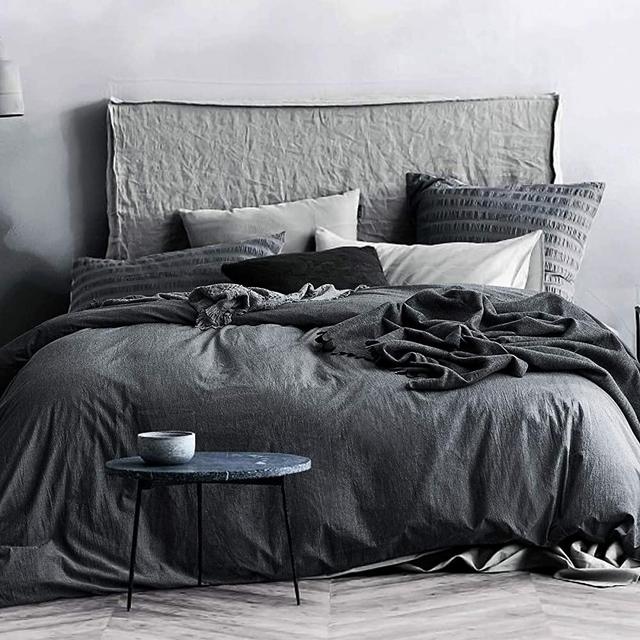 ECOCOTT 3 Pieces Duvet Cover Set King 100% Washed Cotton 1 Duvet Cover with Zipper and 2 Pillowcases, Ultra Soft and Easy Care Breathable Cozy Simple Style Bedding Set(Dark Grey)