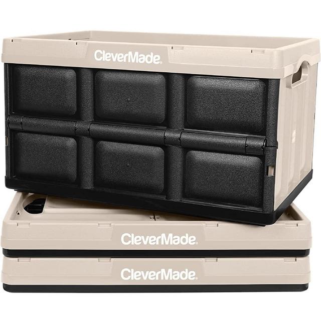 CleverMade 46L Collapsible Storage Bins - Folding Plastic Stackable Utility Crates, Solid Wall, No Lid, 3 Pack, Tan