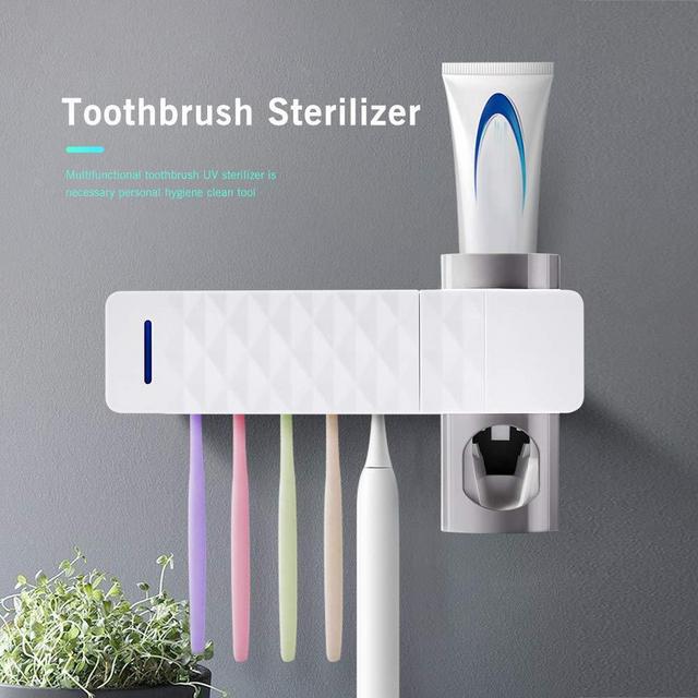 ALLOMN Toothpaste Dispenser and Toothbrush Holder, UV Toothbrush Sterilizer Holder Wall Mount Automatic Toothpaste Dispenser with Toothbrush Holder USB Powered (White)