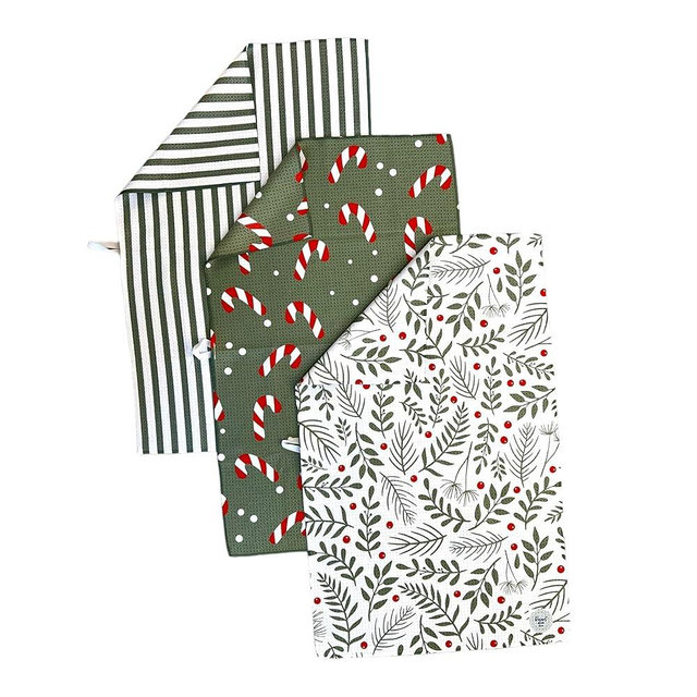 Desert Aqua || 3 Pack|| Not Your Ordinary Dish Towels || Waffle Weave Microfiber || Tea Towels || Highly Absorbent || Hanging Loop || Dish Cloths || Modern || Designer Prints (Christmas Holly)