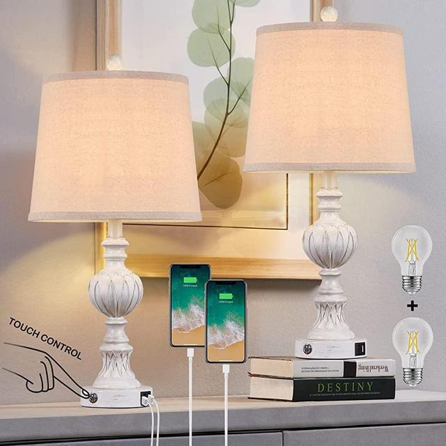 Set of 2 Farmhouse Table Lamp, Dual USB Charging Ports with 3-Way Dimmable Nightstand Table Lamps, Retro Nightstand Lamp with Linen Fabric Shade, Lamps for Living Room, Included LED Bulbs