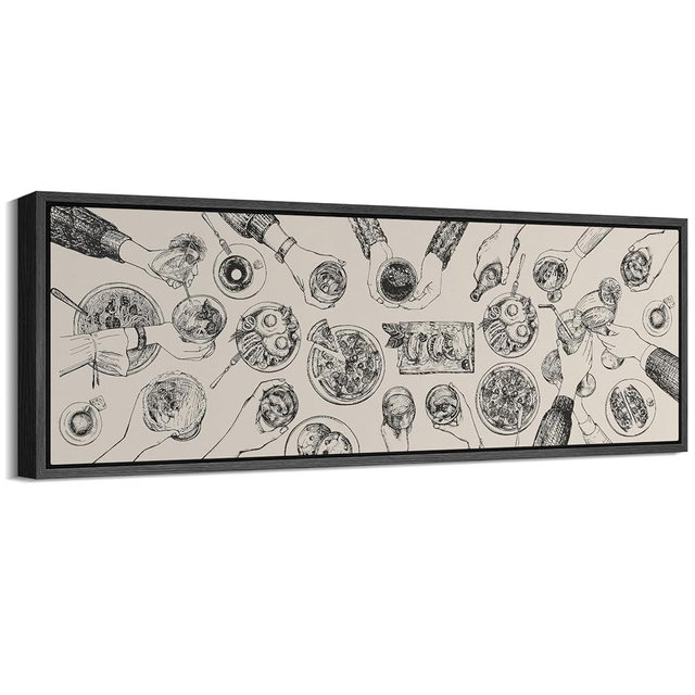 MUDECOR Large Framed Canvas Print Wall Art Gathering Table Illustration Vintage Black and White Food Scene Antique Retro Ready to Hang Painting for Living Room Bedroom Multi-Sizes - 60"x20"