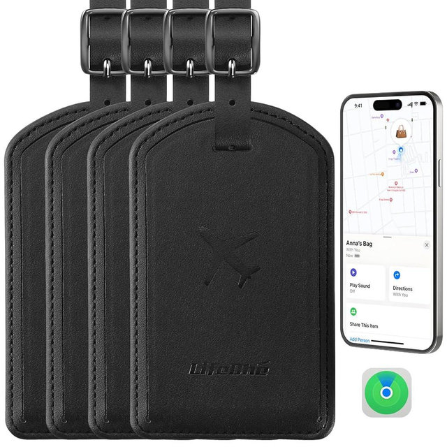 Luggage Tags Built-in Anti-Loss Tracker, Luxury Leather Luggage Tags for Suitcase, Travel Bags, Backpacks, Travel Organizer for Lost Baggage Prevention (Black*4 Pack)