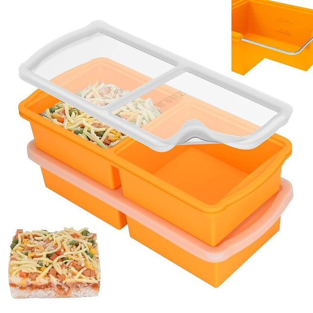 ZIP STANDING Silicone Freezer Trays with Lid,2-cup Soup Freezer Container large Ice Cube Molds with Reinforced Steel Ring Top for freezing Soup Sauce Broth Leftovers oven Dishwasher -Safe (yellow)