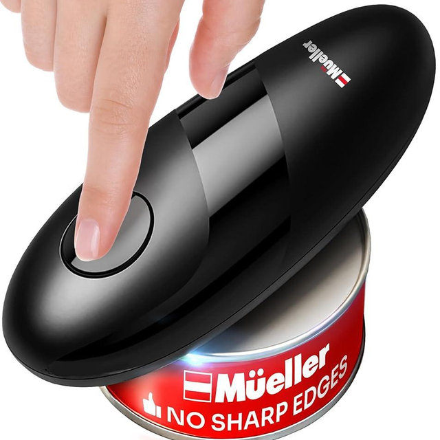 MUELLER HOME SmoothEdge Auto Electric Can Opener – Battery‑Operated One‑Touch w Magnet Lid Lifter – Portable Hands‑Free Automatic Can Openers for Seniors & Arthritis, Smooth‑Edge Cut Technology, Black