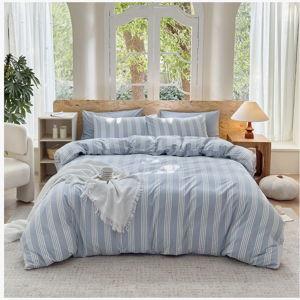 DONEUS Striped Duvet Cover Set 100% Washed Cotton Linen Like Soft Feelling 3 Pieces Bedding Set - Cornflower Blue/White, King Duvet Cover + 2 King Pillowcases