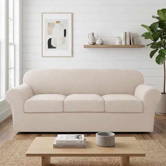 H.Versailtex Stretch Thicker Jacquard Fabric Sofa Slipcover Natural Large